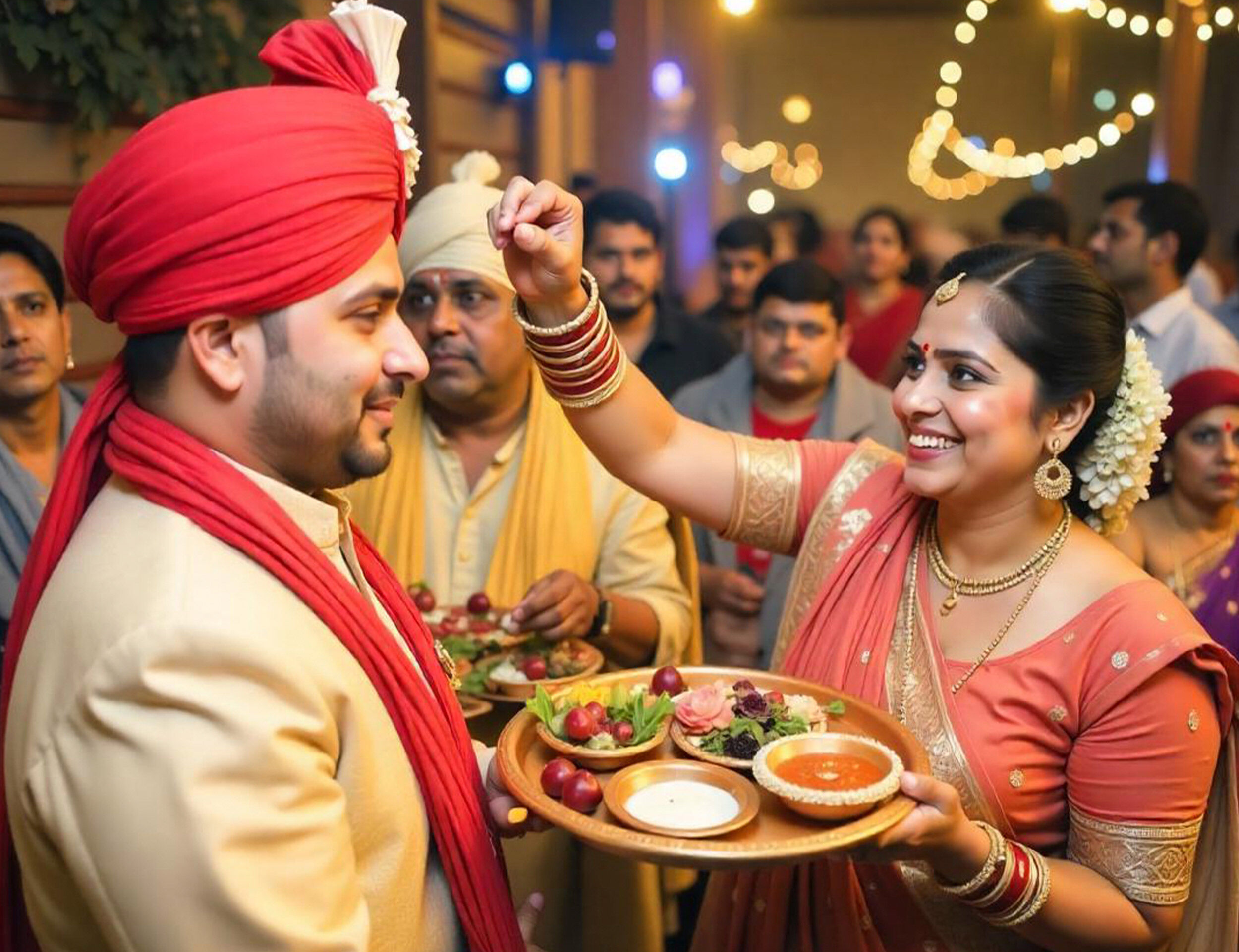 Women applying tilak on grooms forehead 